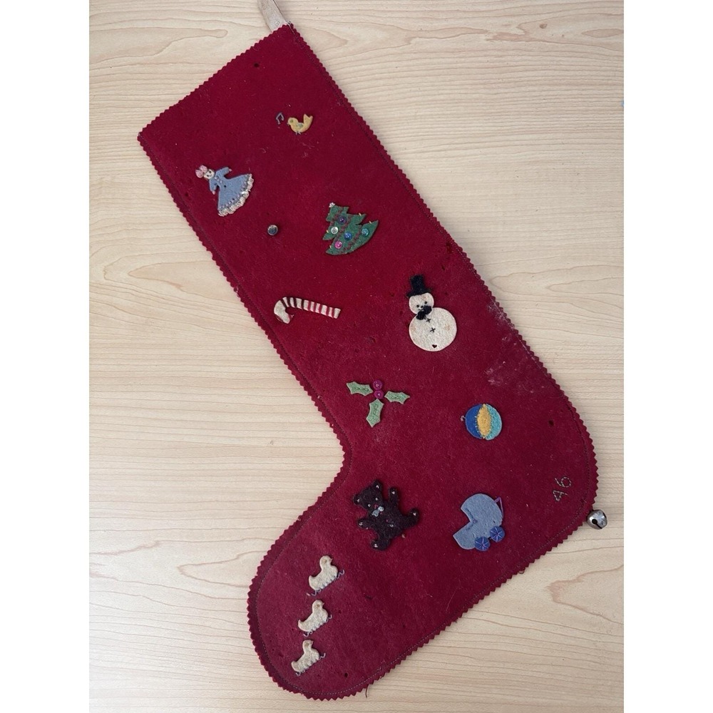 Vtg 40s 1946 Felt Wool Red Christmas Stocking Applique Bear Angel Handmade MCM